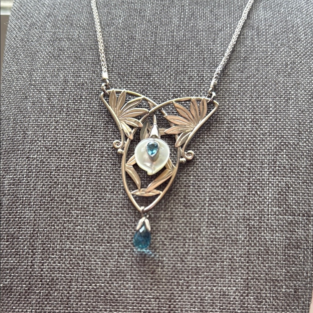 Vintage Sajen Aquamarine & MOP Retro Necklace in 925 silver, 18"